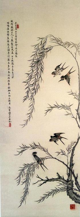 沈壽繡柳燕圖（軸），刺繡名作，蘇繡名人，清朝刺繡