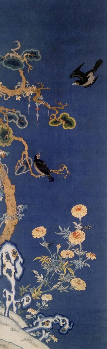 刺繡柏菊八哥圖（軸），清同治年間繡品，蘇繡，刺繡品，藏品繡