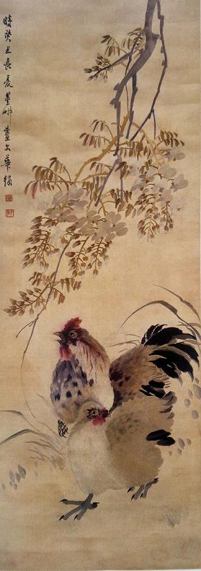 薛文華繡紫藤雙雞圖（軸），民國時(shí)期蘇繡，民國織繡精品，華喦