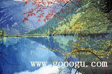 九寨溝風(fēng)景刺繡畫，高檔風(fēng)景刺繡裝飾畫，蘇繡工藝品畫