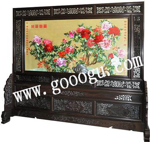 葛洲壩水利工程大廳屏風(fēng)：蘇繡屏風(fēng)，嬌古蘇繡，榮華富貴屏風(fēng)